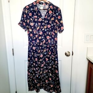 Jantzen Petite Rayon Floral Vintage 90s Midi Shirt Dress Navy Pink Flowers